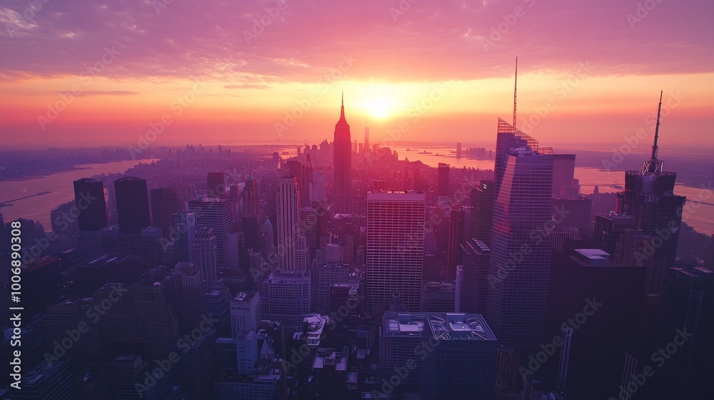 Fototapeta premium The rising sun over the skyscrapers, as well as the streets of a big city from above, 