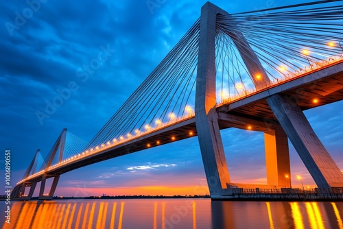 A hyper-realistic image of an urban bridge at sunset, where the cables, steel, and lights are captured in vivid detail, highlighting the scale and precision of city infrastructure.