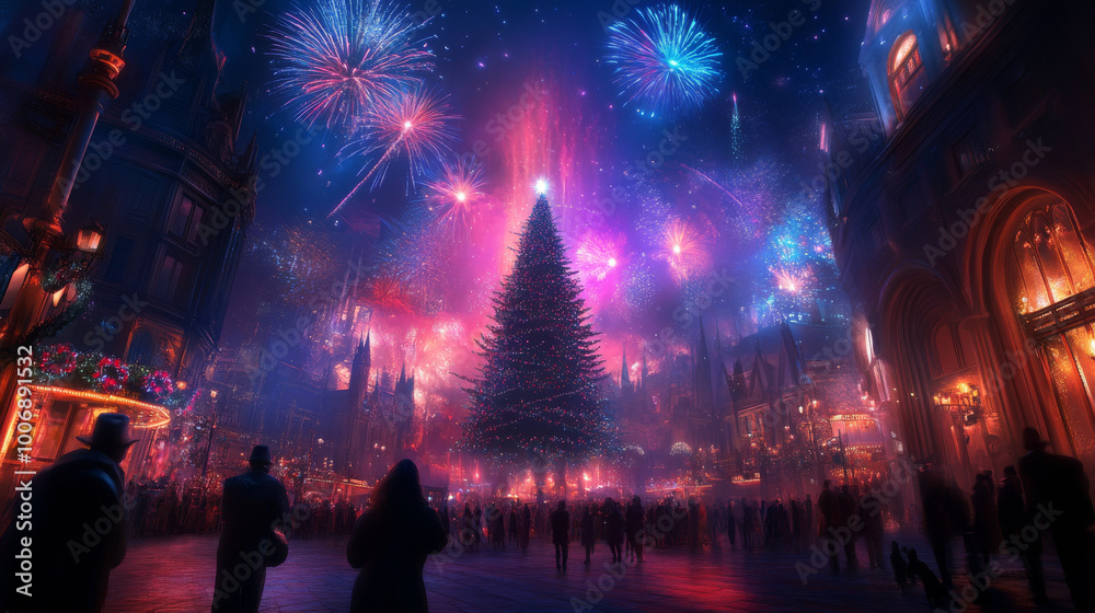 A grand Christmas celebration in a town square, with a towering tree lit up in the center and fireworks lighting up the night sky A grand Christmas celebration in a town square, with a towering tree lit up in the center and fireworks lighting up the night sky
