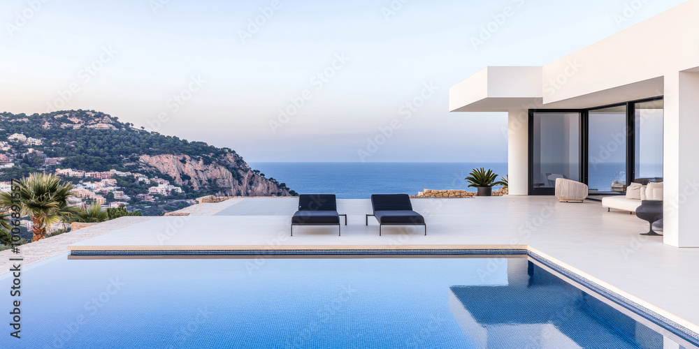 Fototapeta premium Modern luxury villa by the sea featuring a stunning infinity pool and panoramic coastal views at sunset