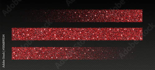 Red glitter brush strokes, shimmer spray effect, luxury shimmery particles, festive holiday sparkles, shiny star dust lines isolated on a dark background. Christmas decoration. Vector illustration.