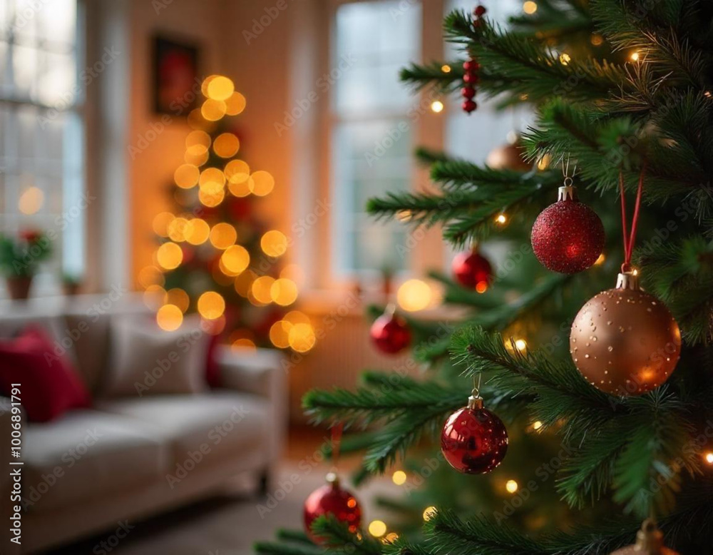 A Christmas tree with close up red ornaments and lights in a cozy living room setting