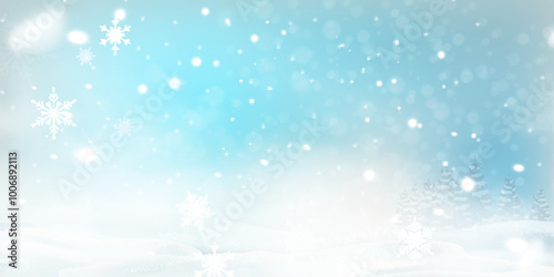 Natural Winter Christmas background with blue sky, heavy snowfall, snowflakes in different shapes and forms, snowdrifts. Winter landscape with falling christmas shining beautiful snow. vector. 