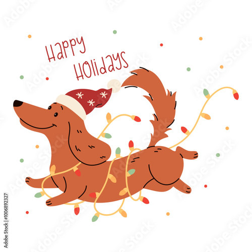 Flat vector illustration in children's style. Cute dachshund in Santa Claus hat running tangled in a garland. Christmas illustration, lettering happy holidays. Vector illustration