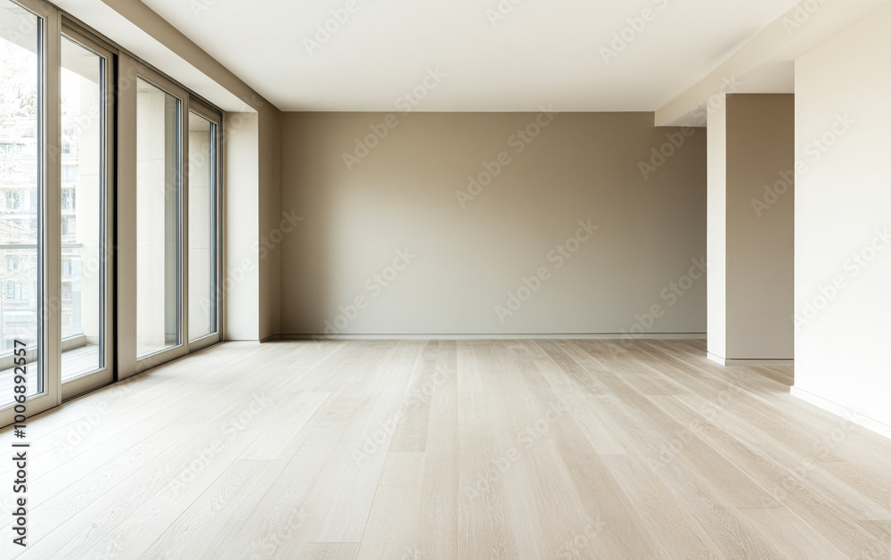 Bright and spacious empty room with large windows and light wooden flooring in a modern interior setting Bright and spacious empty room with large windows and light wooden flooring in a modern interior setting