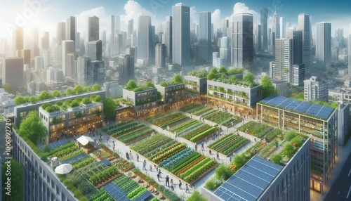 A vibrant rooftop garden thrives atop a city building, filled with people tending to crops and solar panels providing energy...Concept: Urban farming, sustainable city living, green spaces in cities #1006892720