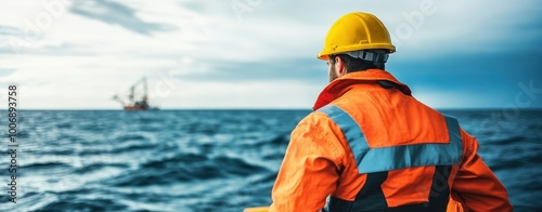 Oil and gas worker in orange uniform on deck, panoramic shot with ocean backdrop photo