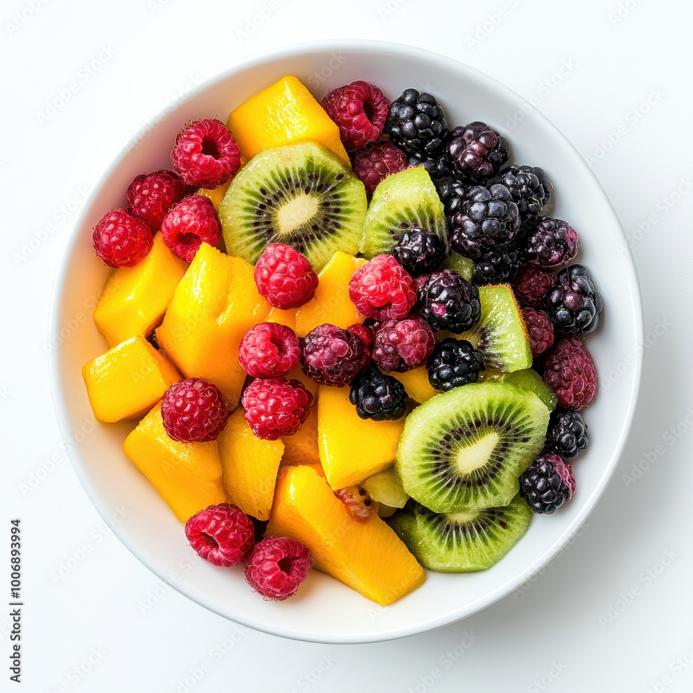 Obraz premium Fresh Mixed Fruit Salad with Mango, Kiwi, Berries, and Peaches.