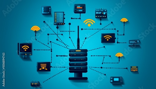 A flat design showing a telecommunications network diagram, with connections between different types of devices and servers