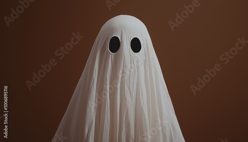 A ghost costume made of a simple white sheet with eye holes, fluttering as if in mid-flight photo