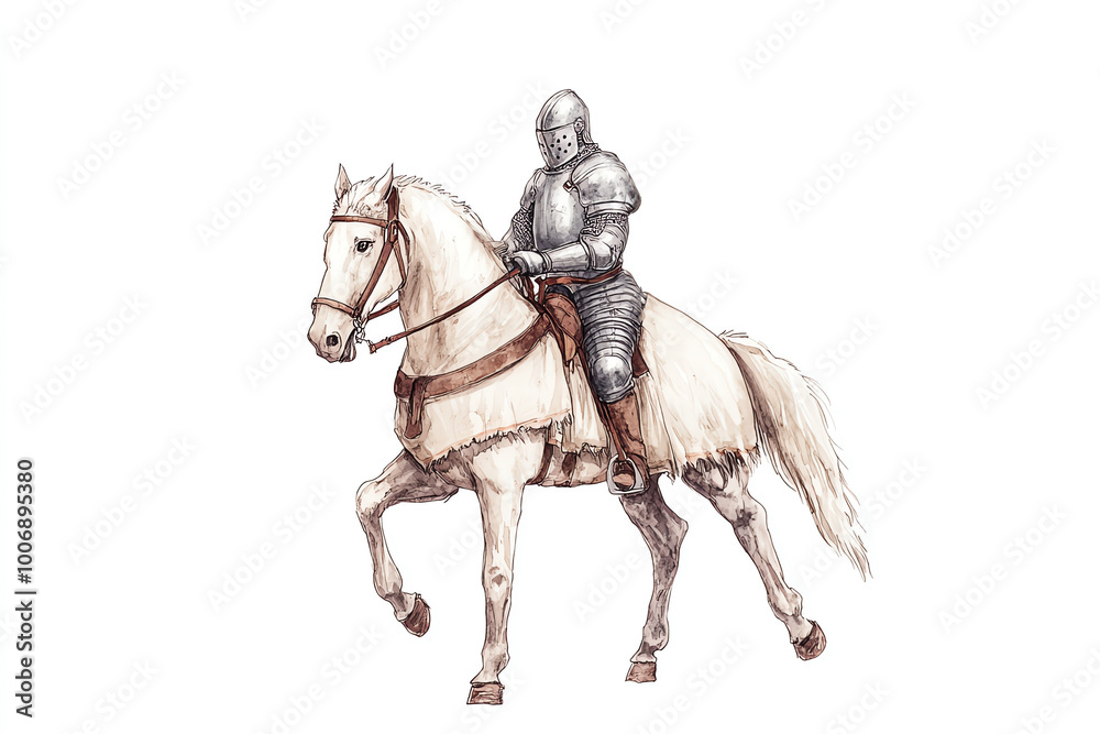 Knight in armor riding a majestic horse, white isolate background. Knight in armor riding a majestic horse, white isolate background.