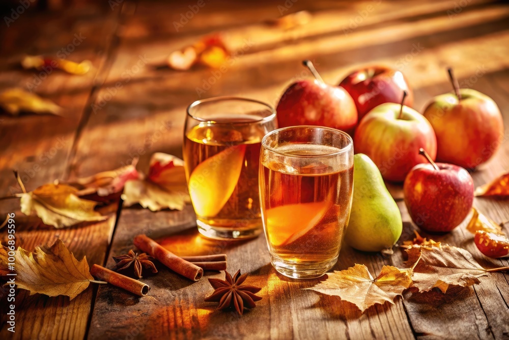 A warm spiced cider in small glasses surrounded by autumn leaves and apples. A warm spiced cider in small glasses surrounded by autumn leaves and apples.