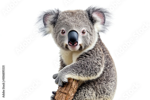 Koala bear smiling while holding onto a tree branch, white isolated background photo