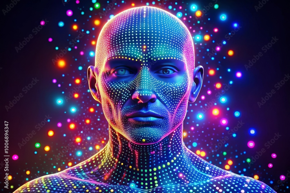 Digital human head made from dots in neon. Generative AI. Digital human head made from dots in neon. Generative AI.