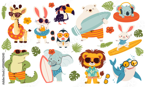 Set of vector illustrations in children's style on summer theme. Cute animals in sunglasses and surfboard. Lion polar bear penguin penguin shark toucan crocodile hare giraffe. Vector illustration