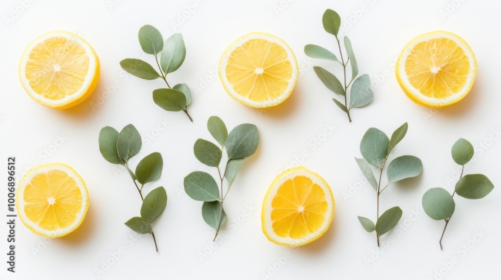 Minimalistic composition of essential oil, lemon wedges, and eucalyptus leaves, symbolizing wellness and nature. Minimalistic composition of essential oil, lemon wedges, and eucalyptus leaves, symbolizing wellness and nature.