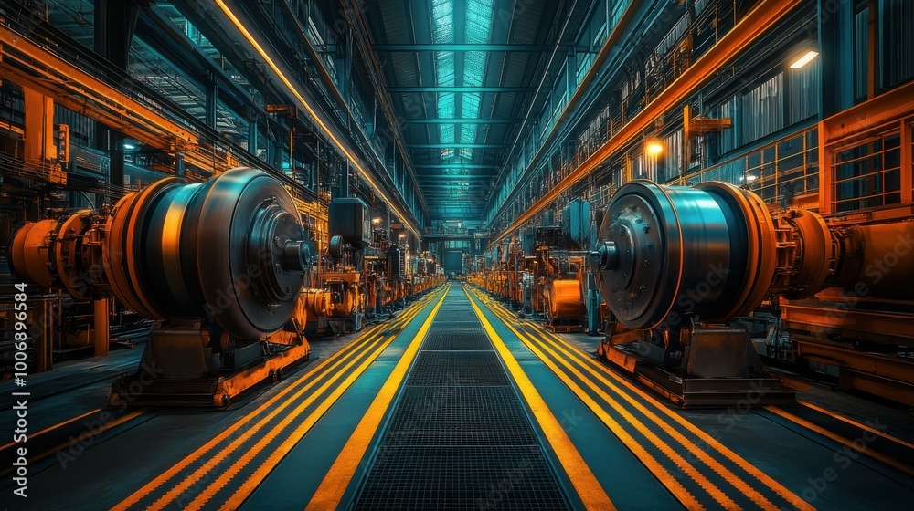 Industrial factory interior with machines and orange-blue lighting, cinematic photography Industrial factory interior with machines and orange-blue lighting, cinematic photography