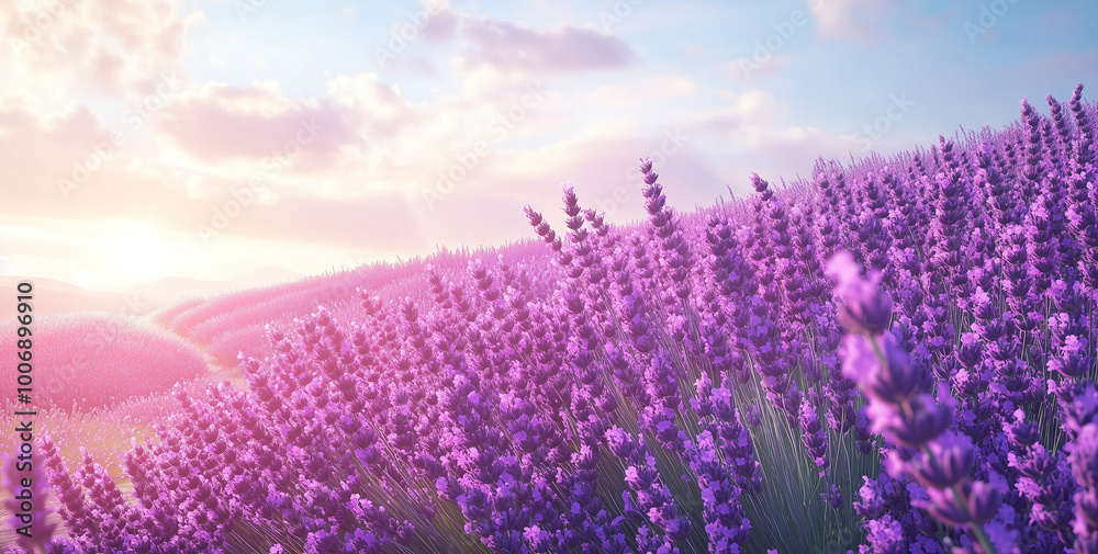 Naklejka premium Purple lavender spreads like a purple ocean. Quiet and romantic sea of purple lavender flowers and enjoys the purity and boundlessness of nature. 