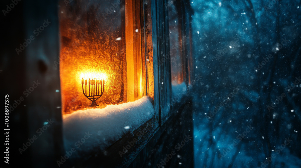 A menorah glowing in the window of a warm home on a snowy night, as the family inside celebrates the Festival of Lights. A menorah glowing in the window of a warm home on a snowy night, as the family inside celebrates the Festival of Lights.