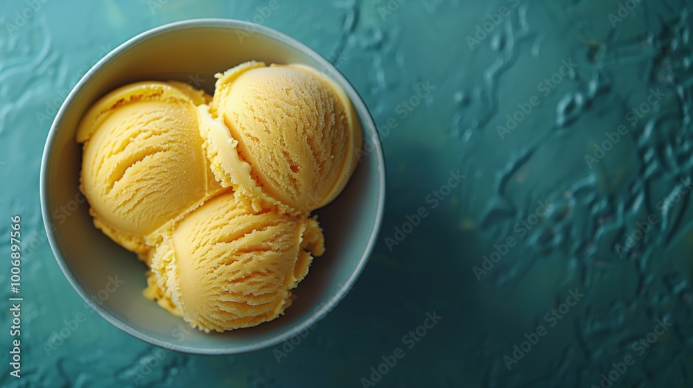 Peach ice cream scoops stacked in bowl top view flat lay