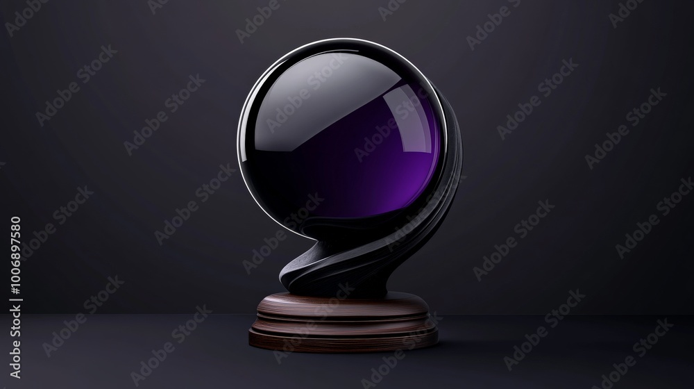 Mysterious Purple Orb:  A captivating image of a dark purple glass sphere on a sleek, dark wooden base.  The orb's reflective surface and elegant stand create a sense of mystery and intrigue.