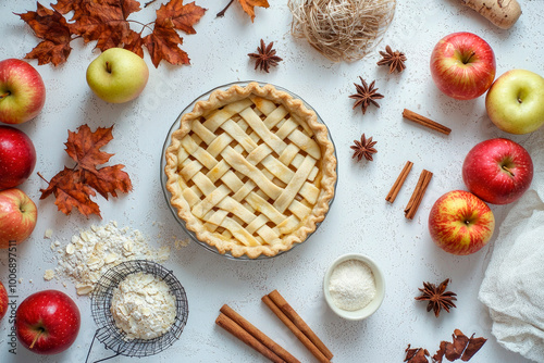 Traditional apple pie and ingredients on white background. Top view. Copy space. Traditional thanksgiving dessert