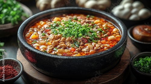 Spicy Sichuan Mapo Tofu with Ground Pork in Black Stone Bowl