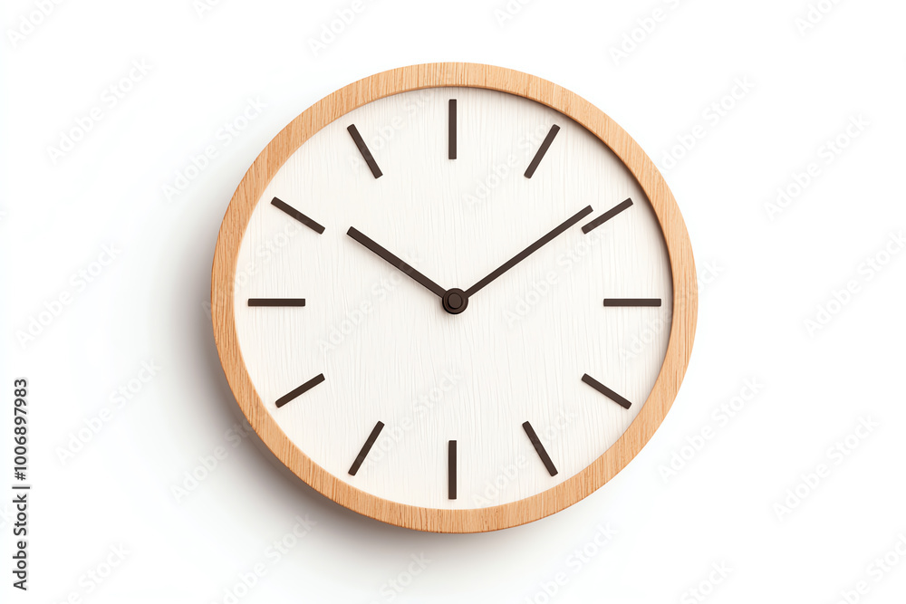 Minimalist wall clock with wooden frame, white background, modern design.