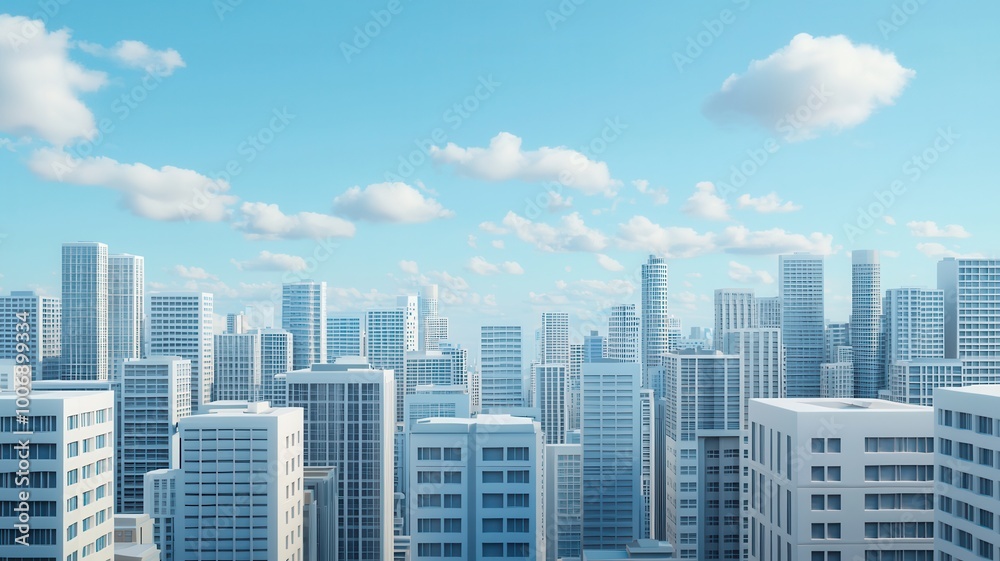 Obraz premium A vibrant city skyline with modern buildings under a clear blue sky and fluffy white clouds.