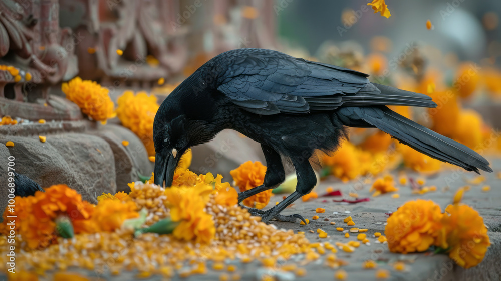 Fototapeta premium black crow is eating rice 
