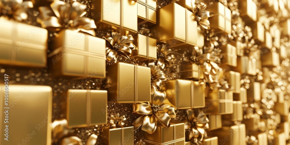 A luxurious background of neatly stacked gold gift boxes creating a wall-like effect with a strong sense of perspective, extending into the distance A luxurious background of neatly stacked gold gift boxes creating a wall-like effect with a strong sense of perspective, extending into the distance