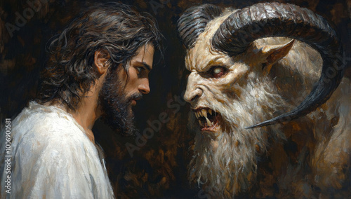 A horned white goat with a portrait of Jesus Christ on its fur grazes in a lush green meadow