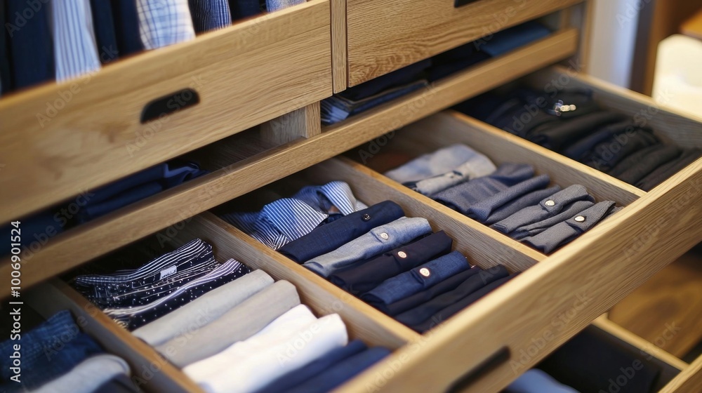 Folded clothes with accessories in chest of drawers, concept beautiful and comfortable organization Folded clothes with accessories in chest of drawers, concept beautiful and comfortable organization