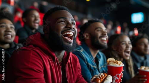 Excitement fills the air as enthusiastic fans cheer for their team, hot dogs and soda in hand, experiencing the joys of football together in a lively stadium