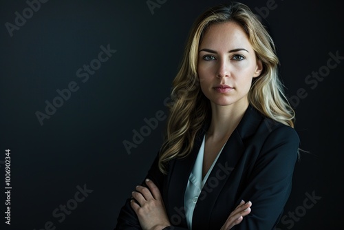 Blonde businesswoman with serious expression and arms crossed in formal attire