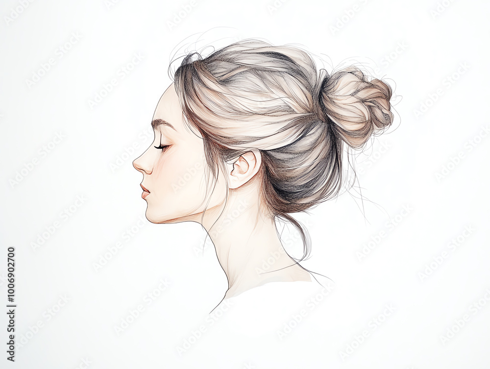 Profile illustration of a woman with a bun hairstyle, elegant and artistic style Profile illustration of a woman with a bun hairstyle, elegant and artistic style
