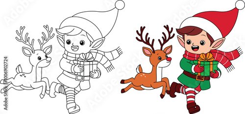 Cute Elf Runing with Reindeer Outline Coloring Page. Christmas and Winter Illustration