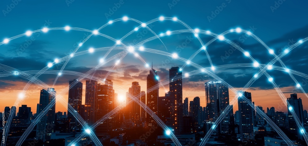 Fototapeta premium A telecommunications hub in a futuristic city, with glowing lines of communication running from buildings to satellites