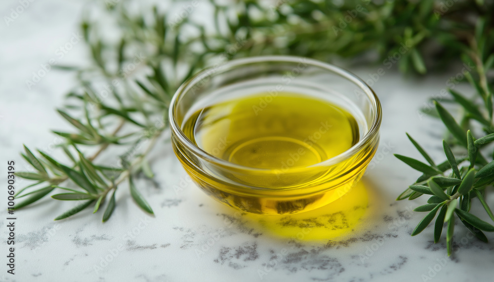 Fresh Olive Oil in Glass Bowl with Green Rosemary Branches Fresh Olive Oil in Glass Bowl with Green Rosemary Branches