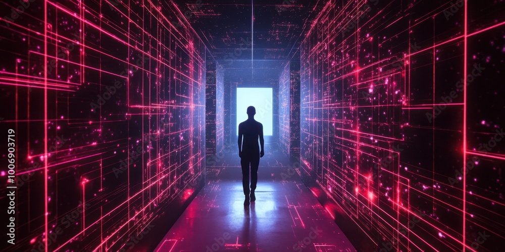 a person walking through a tunnel of red light a person walking through a tunnel of red light