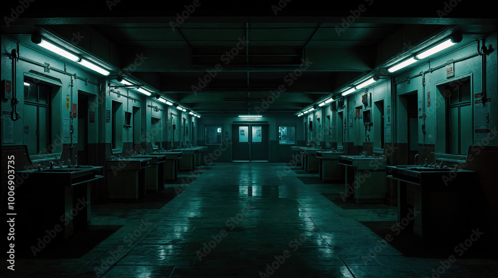 Obraz premium Eerie, deserted hospital corridor bathed in ominous green light, reflecting off polished floors, empty beds lining walls, leading to mysterious double doors at end