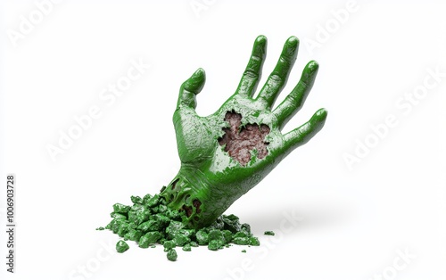 A zombie arm, green and decayed, reaching upward as if clawing out of the ground, isolated on white