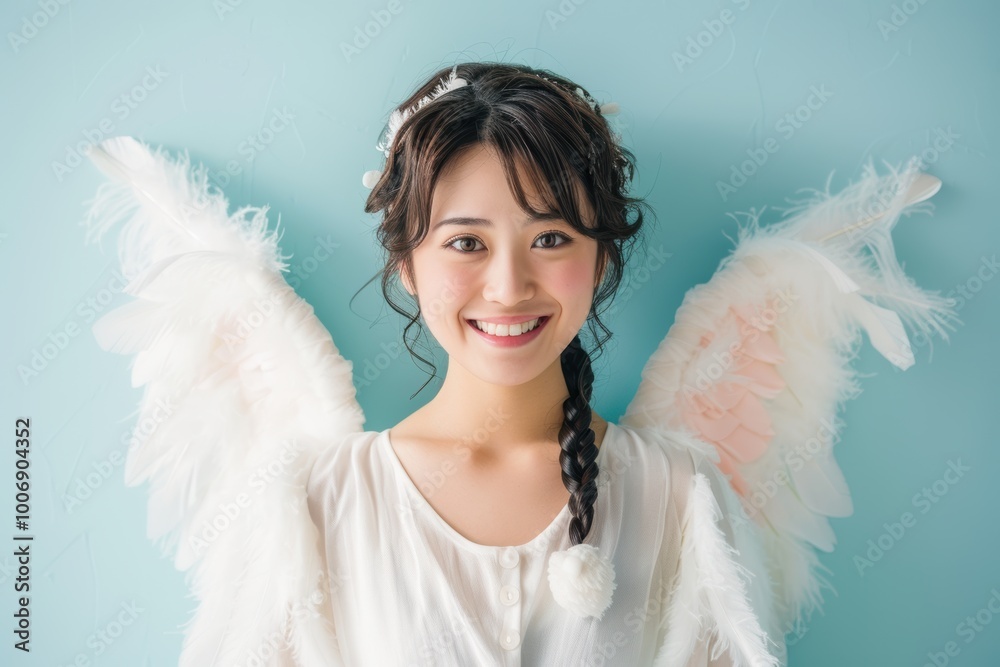 A lovely young Asian lady dressed as an angel, complete with white feathered wings, stands in front of a soft, pastel backdrop. Her genuine smile create a sense of peace and elegance, A lovely young Asian lady dressed as an angel, complete with white feathered wings, stands in front of a soft, pastel backdrop. Her genuine smile create a sense of peace and elegance,