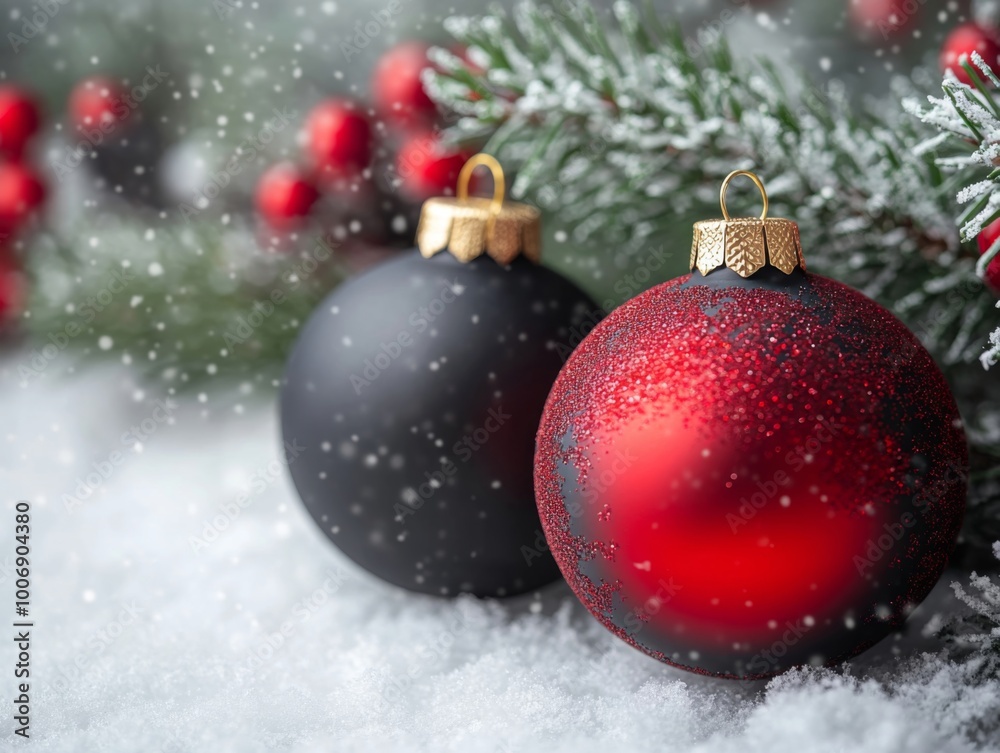 Festive Red and Black Baubles in Snowy Scene Festive Red and Black Baubles in Snowy Scene