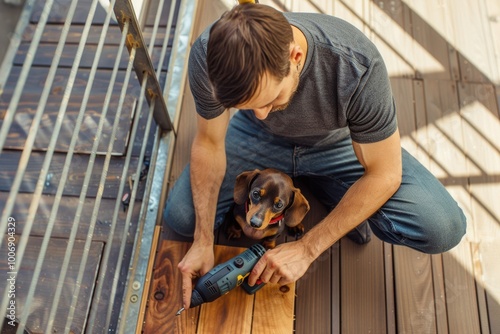 A man in his thirties uses an electric drill to build wooden panels in his modern apartment. Beside him sits a small dachshund dog with brown fur and black ears. photo