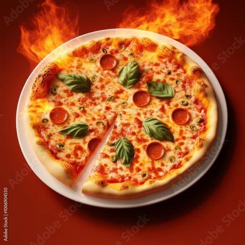 Margarita pizza bubbling sauce, fire s orange glow, 3D illustration