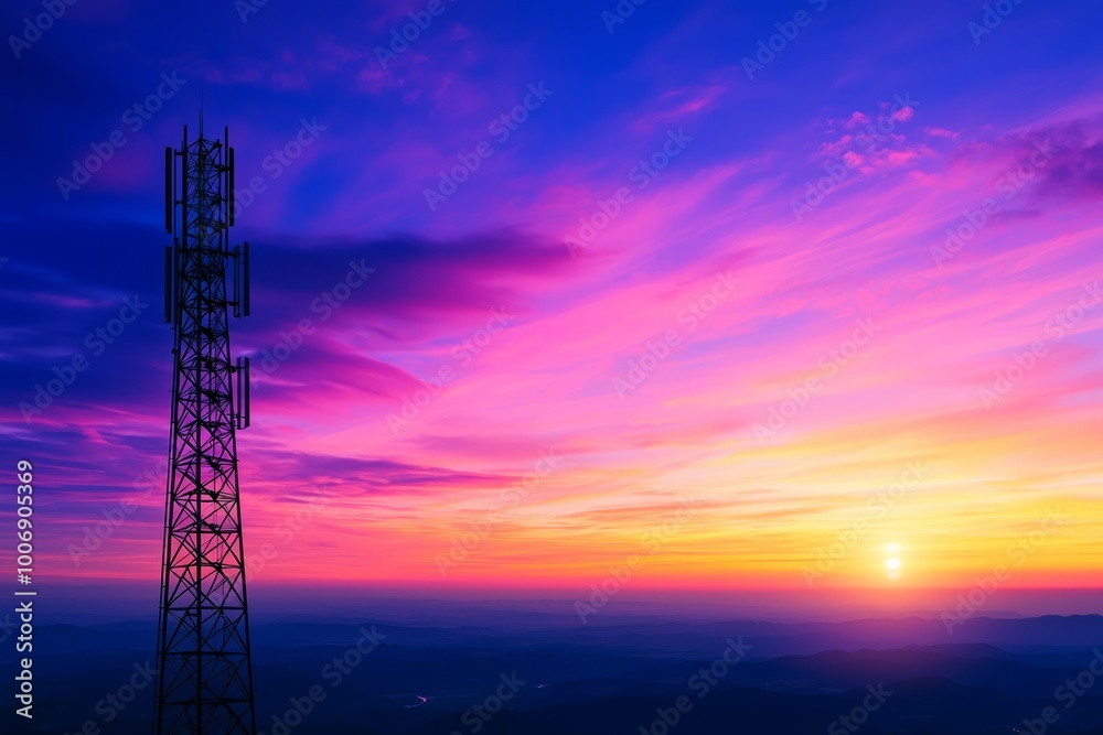 Modern communication tower overlooking a vast horizon, illuminated by the last rays of sunset, futuristic and serene environment Modern communication tower overlooking a vast horizon, illuminated by the last rays of sunset, futuristic and serene environment
