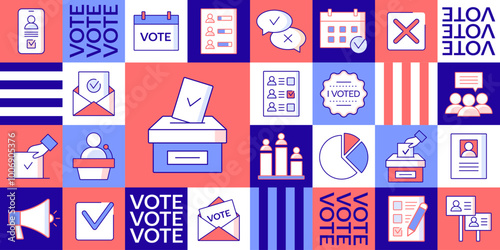 Modern geometric background with flat line icons of voting, ballots, and elections. Mosaic design template. Vector illustration