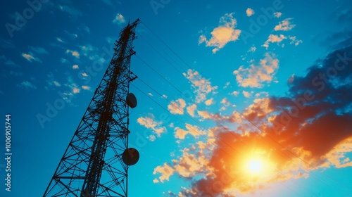 Shiny metallic telecom tower reaching into the bright sky, cables and satellite dishes in a futuristic communication scene photo