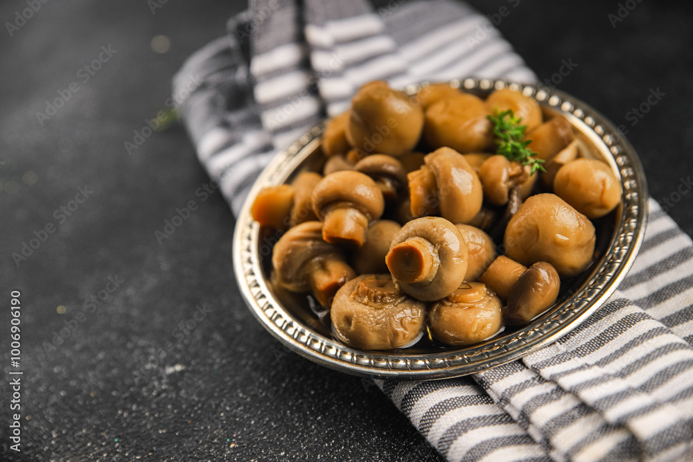 Champignon mushroom canned product tasty food dish fresh delicious gourmet food background on the table rustic food top view copy space top view keto and paleo diet Vegetarian and vegan food Champignon mushroom canned product tasty food dish fresh delicious gourmet food background on the table rustic food top view copy space top view keto and paleo diet Vegetarian and vegan food